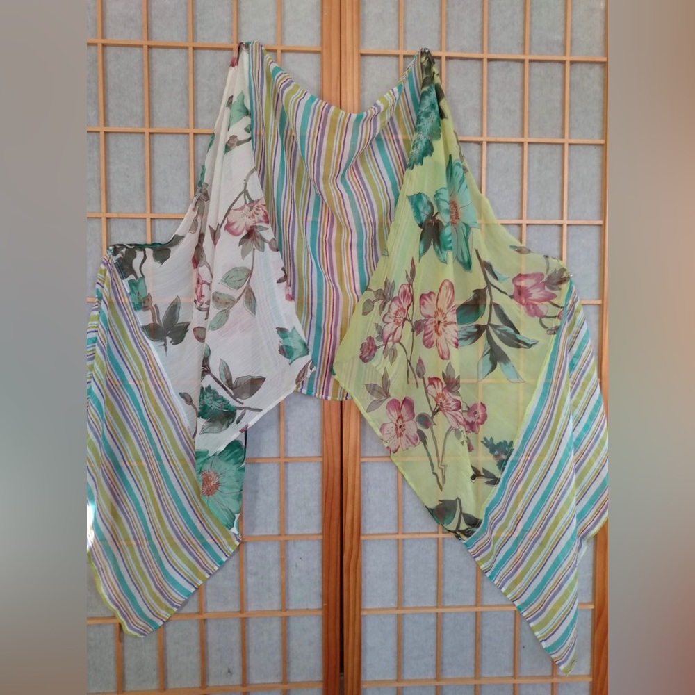 Yellow Green Floral Striped Rectangular Scarf Sha… - image 1